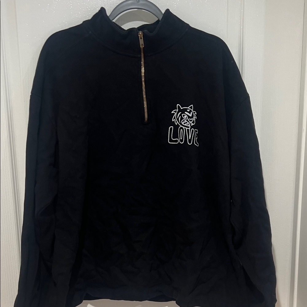 Black Quarter-Zip Pullover with Embroidered Design